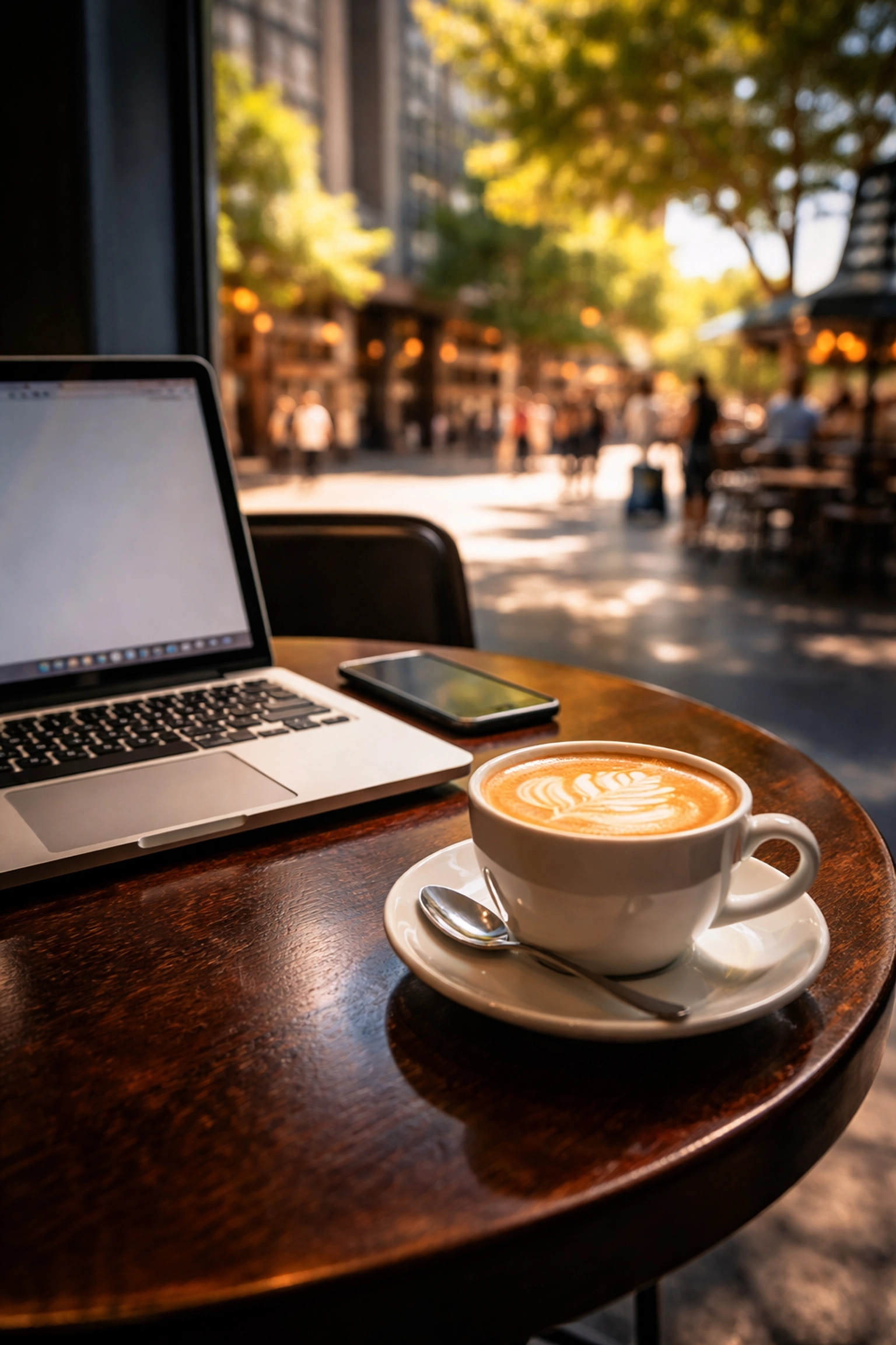 Flat white coffee beside laptop and smartphone on dark wooden table in Brisbane cafe, perfect productivity hub scene