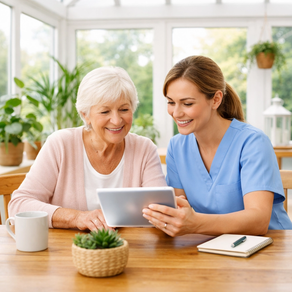 Elderly woman and her home carer in Southampton using a tablet for transparent communication and care planning.