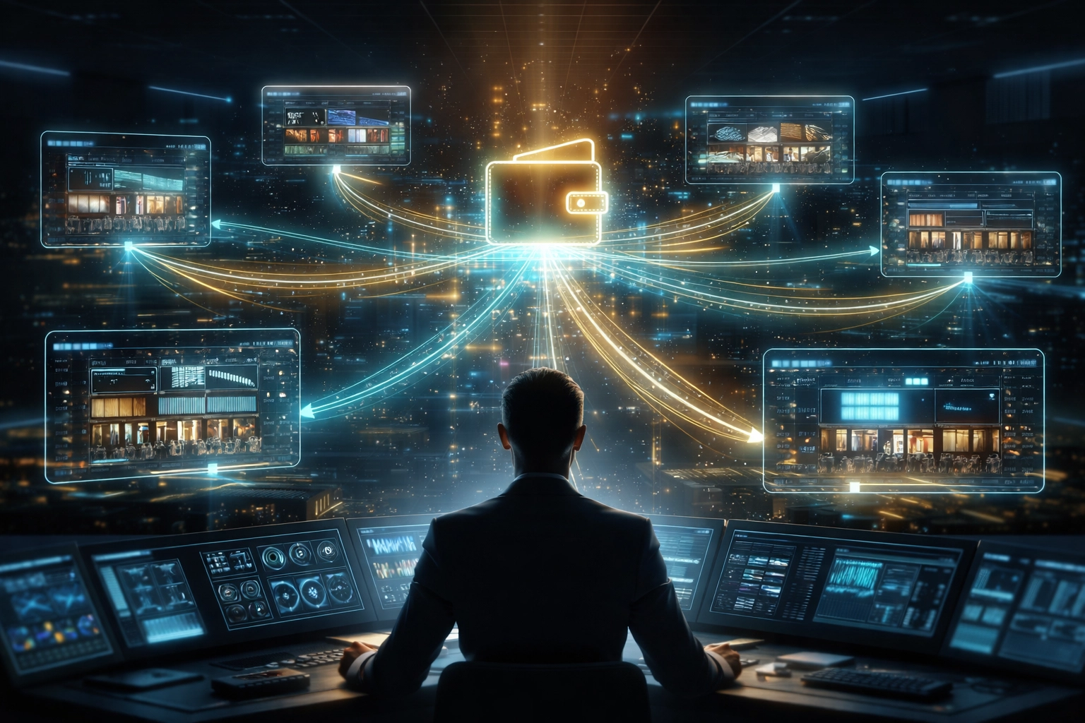 Futuristic dashboard showing secure master and sub-wallet structure for multi-location crypto POS management