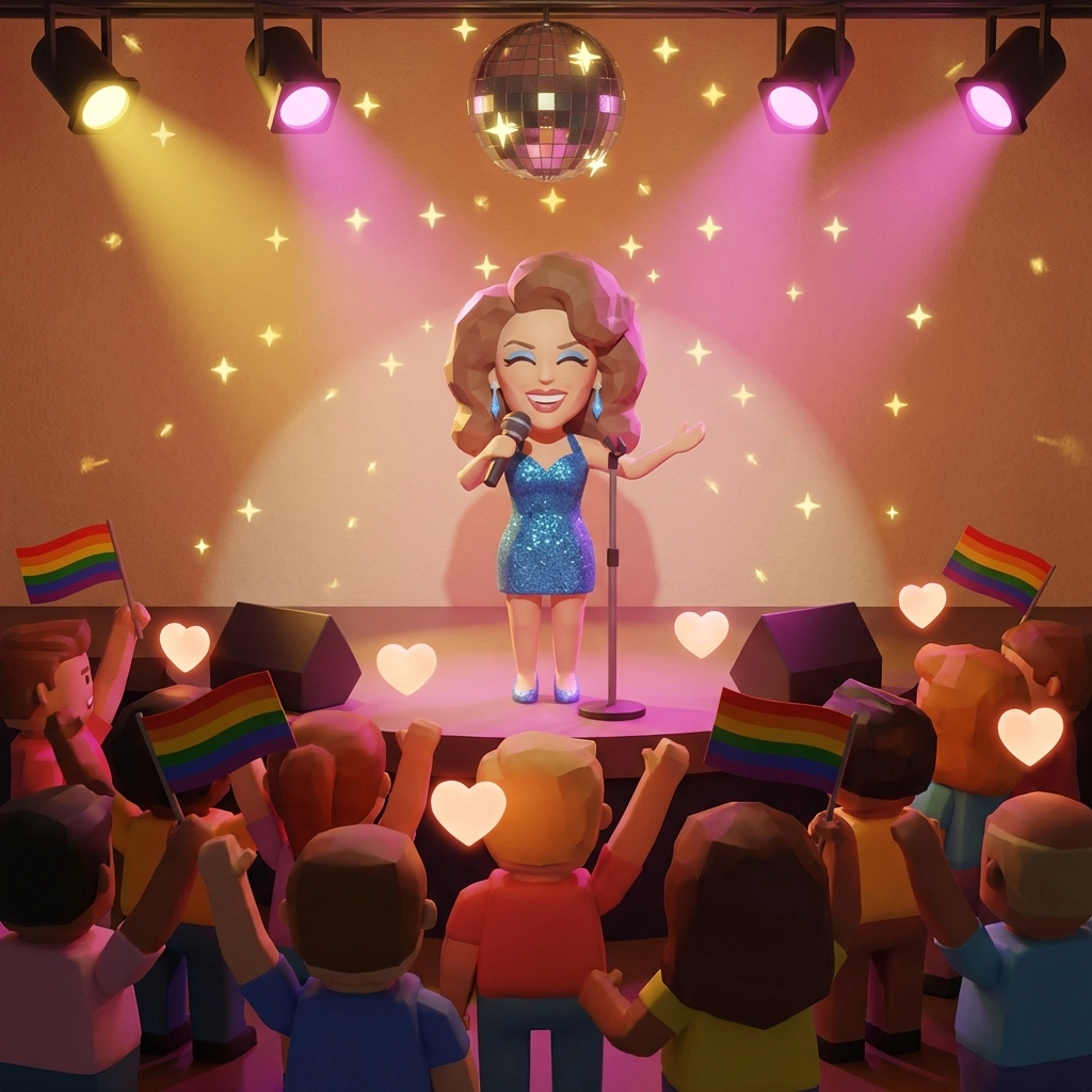 Kylie Minogue performing for LGBTQ+ fans in the 1980s with disco ball and stage lights