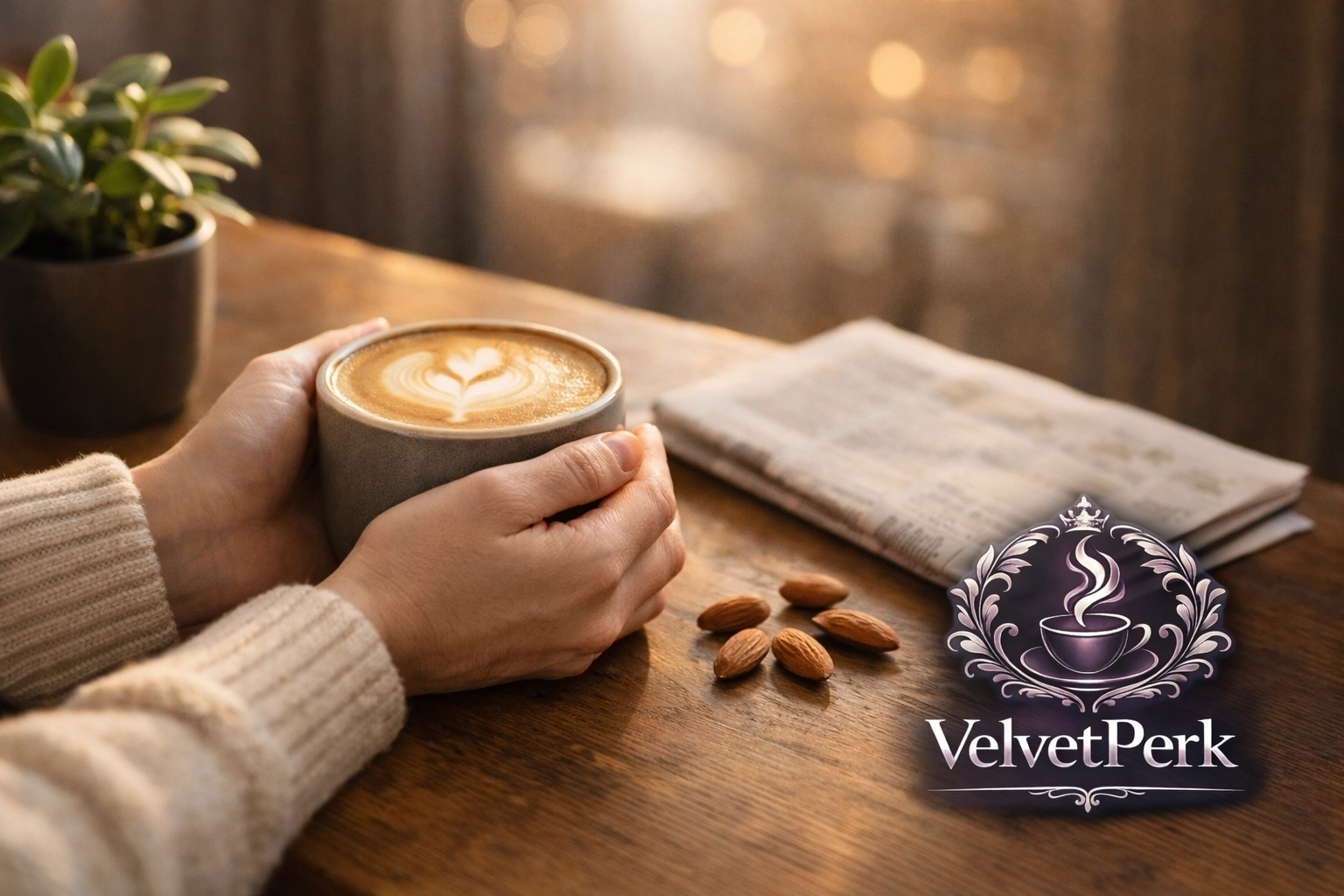 Hands cradling a warm latte at a cozy cafe table, enjoying the perfect milk alternative coffee moment