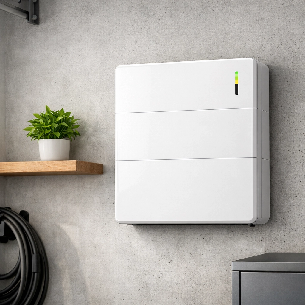 Sleek solar battery storage unit mounted in a modern home to increase energy efficiency.