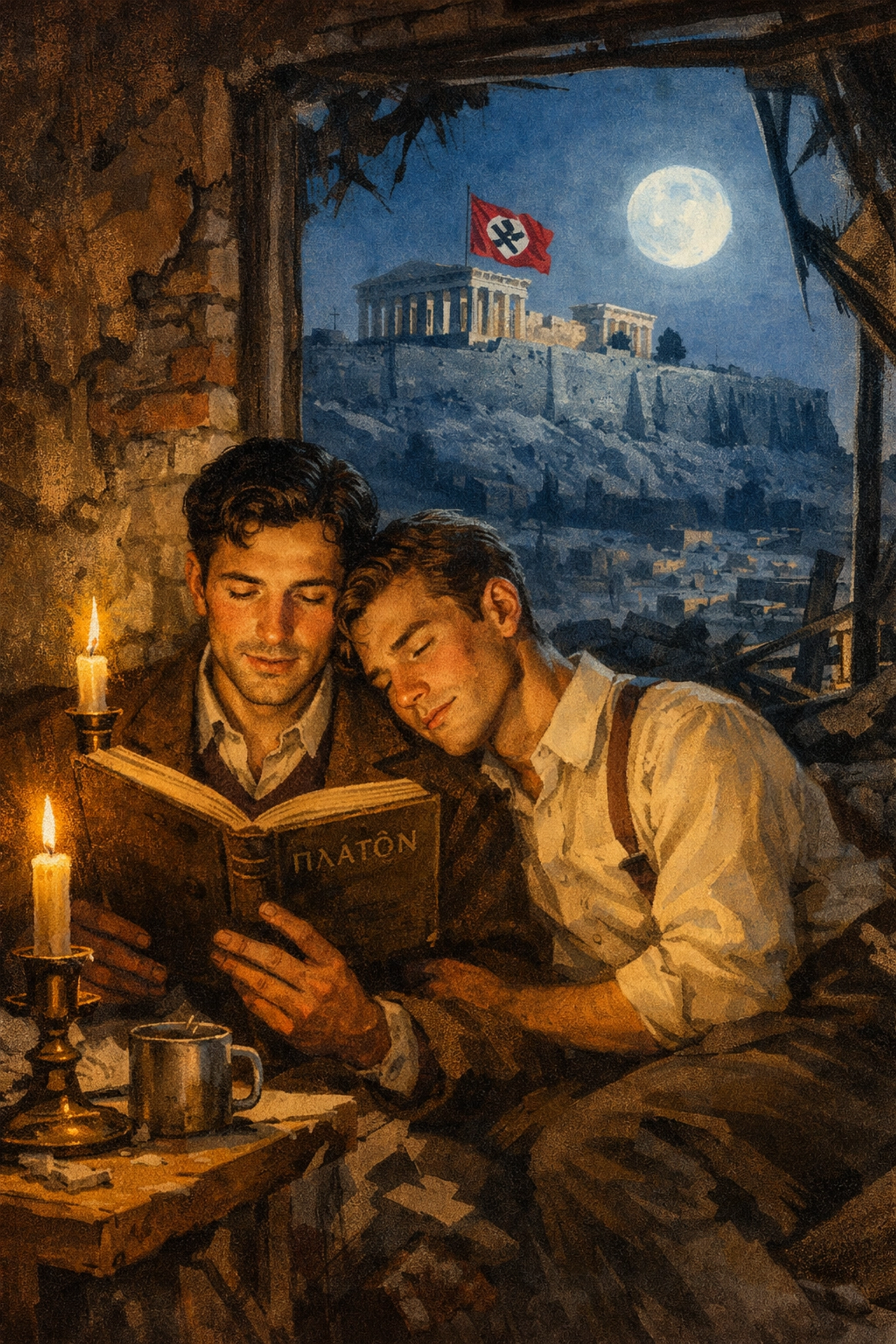 Gay couple reading philosophy in occupied Athens with Acropolis visible through broken window