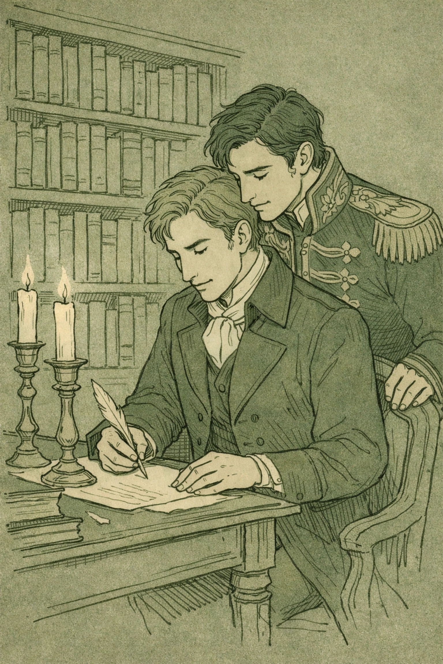 Intimate moment between men in candlelit study - gay historical romance Russia 1800s