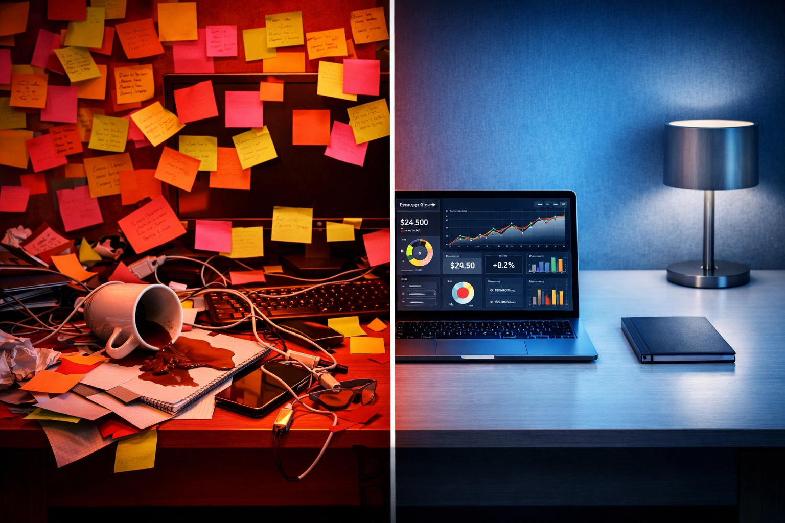 Comparison of a chaotic desk with sticky notes versus a clean desk using a professional CRM dashboard for UK small businesses.