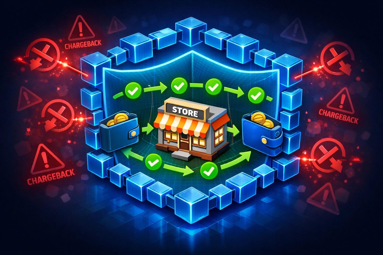 Blockchain shield protecting merchant from chargebacks with secure crypto payment transactions