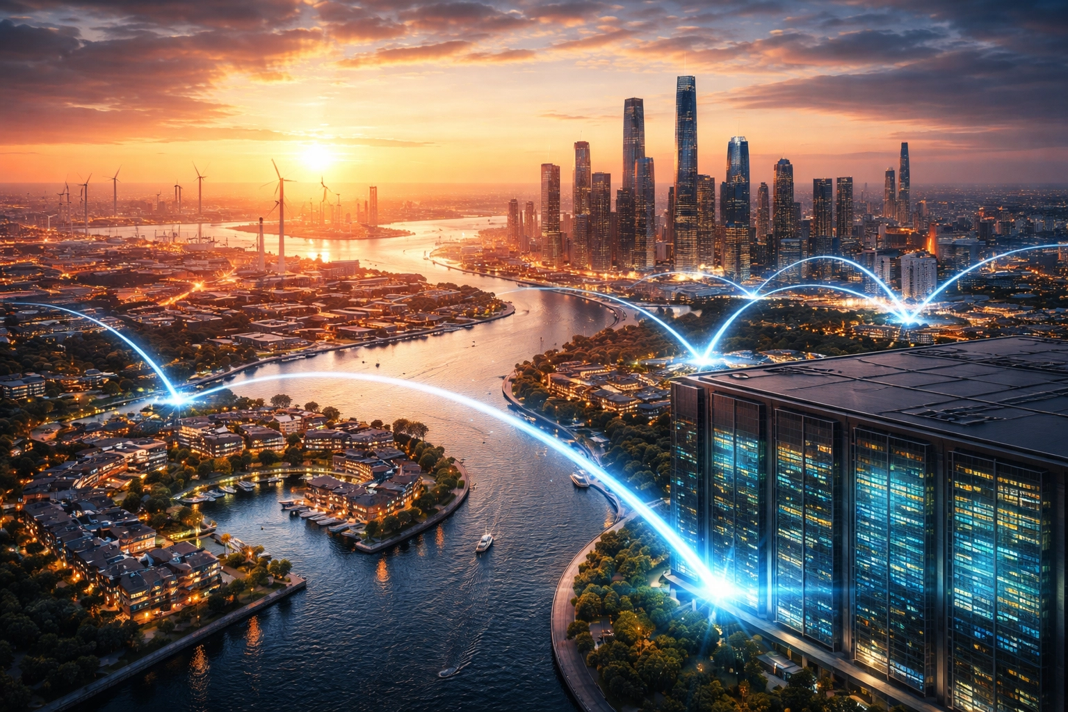 A cityscape at sunset with connected infrastructure, real estate, and technology, illustrating alternative investment diversification.