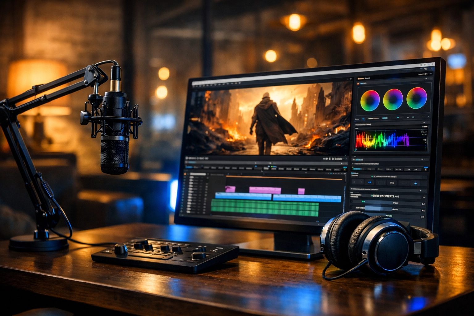 Professional content creation pod with high-resolution monitors and audio equipment for media production.