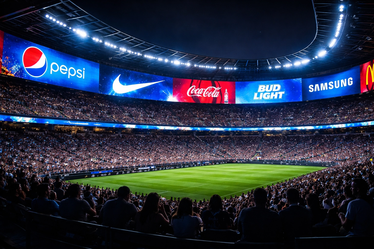 Modern sports stadium interior at night showcasing curved LED displays with digital brand advertising and engaged fans