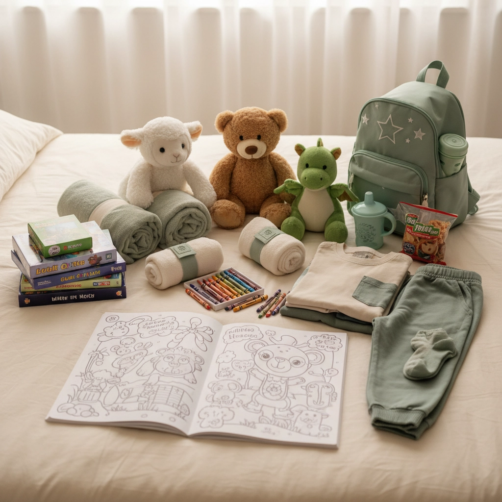 A phot of a child's bed with a kid's backpack, an open coloring book, three stuffed animals, a pair of green sweat pants, two shirts, crayons and a few books stacked in a pile. A sippy cup and a snack bag sits in front of the backpack. 
7 Mistakes Single Moms Make with Emergency Kits (and How to Fix Them Fast)