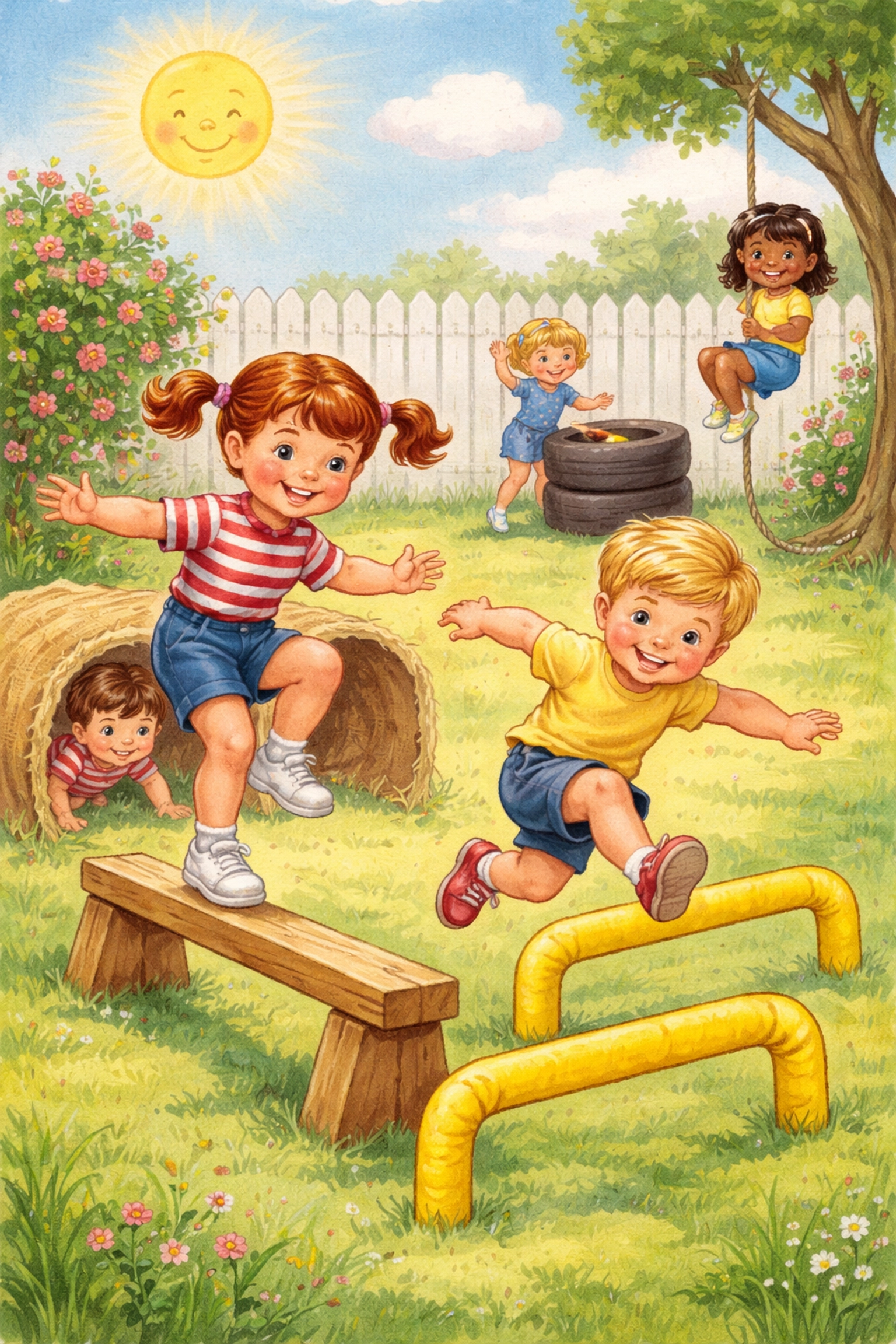 Children balancing on a wooden beam and jumping hurdles in a colorful backyard obstacle course