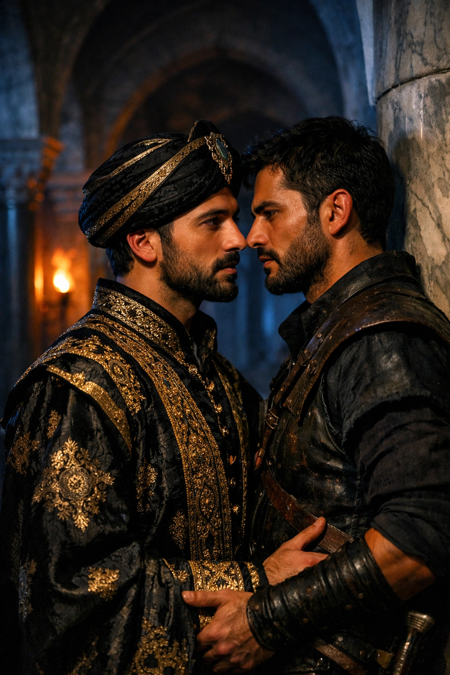 Historical MM romance scene with two men in Ottoman palace attire sharing an intense, secret look.