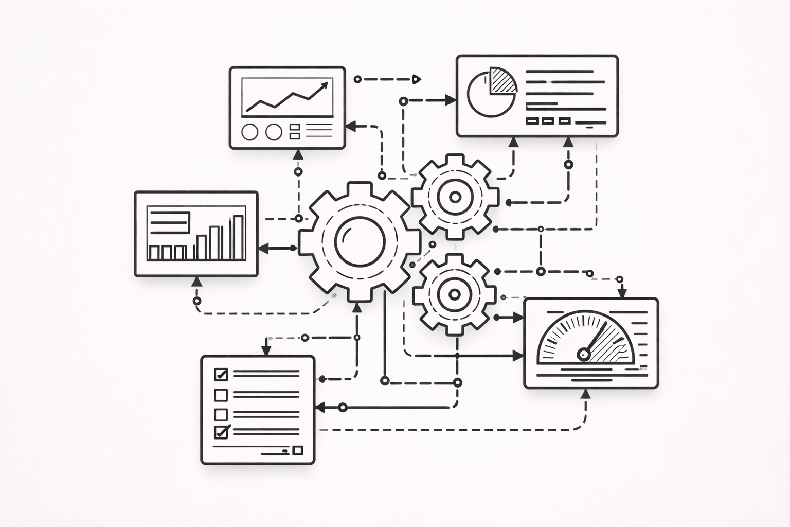 Line art schematic of gears and dashboards representing structured business systems, EOS Traction, and accountability