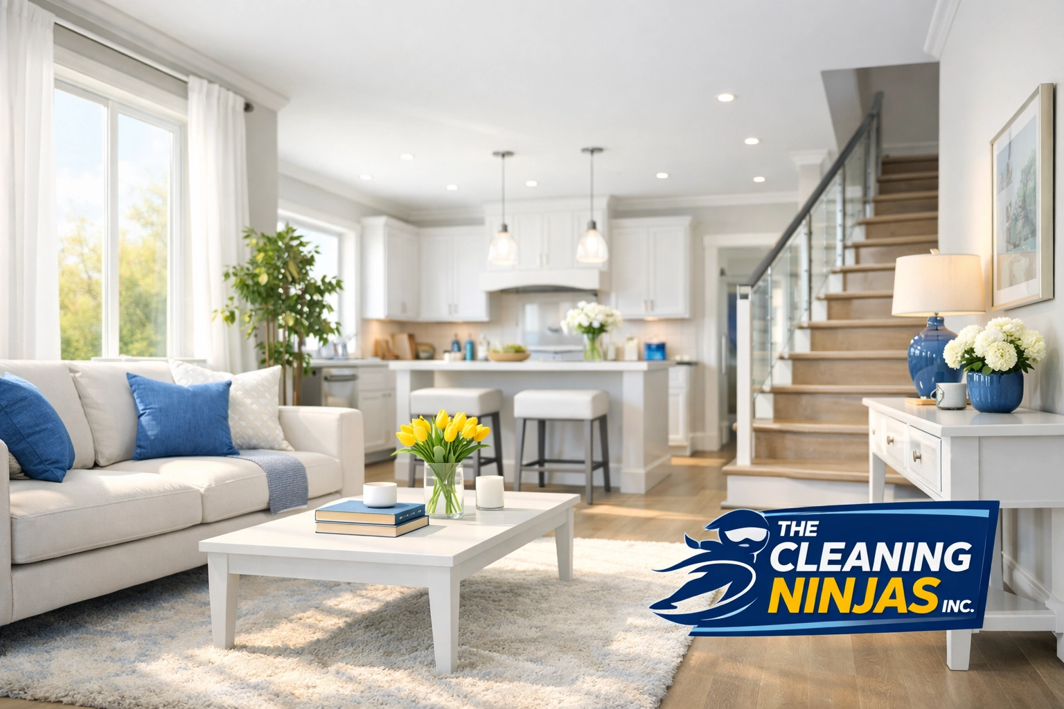 Luxury living room in Wellesley after professional house cleaning, featuring navy blue and white decor. A high-end living room in Wellesley with Navy Blue accents, Crisp White sofas, and Subtle Yellow cushions, bathed in natural light to represent high-vibrational energy flow.