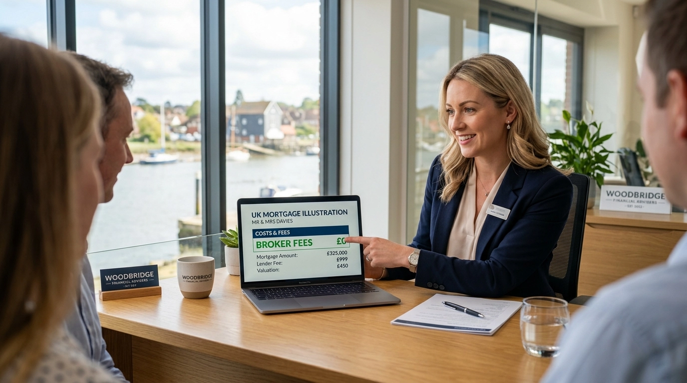 A financial advisor showing a fee-free mortgage illustration