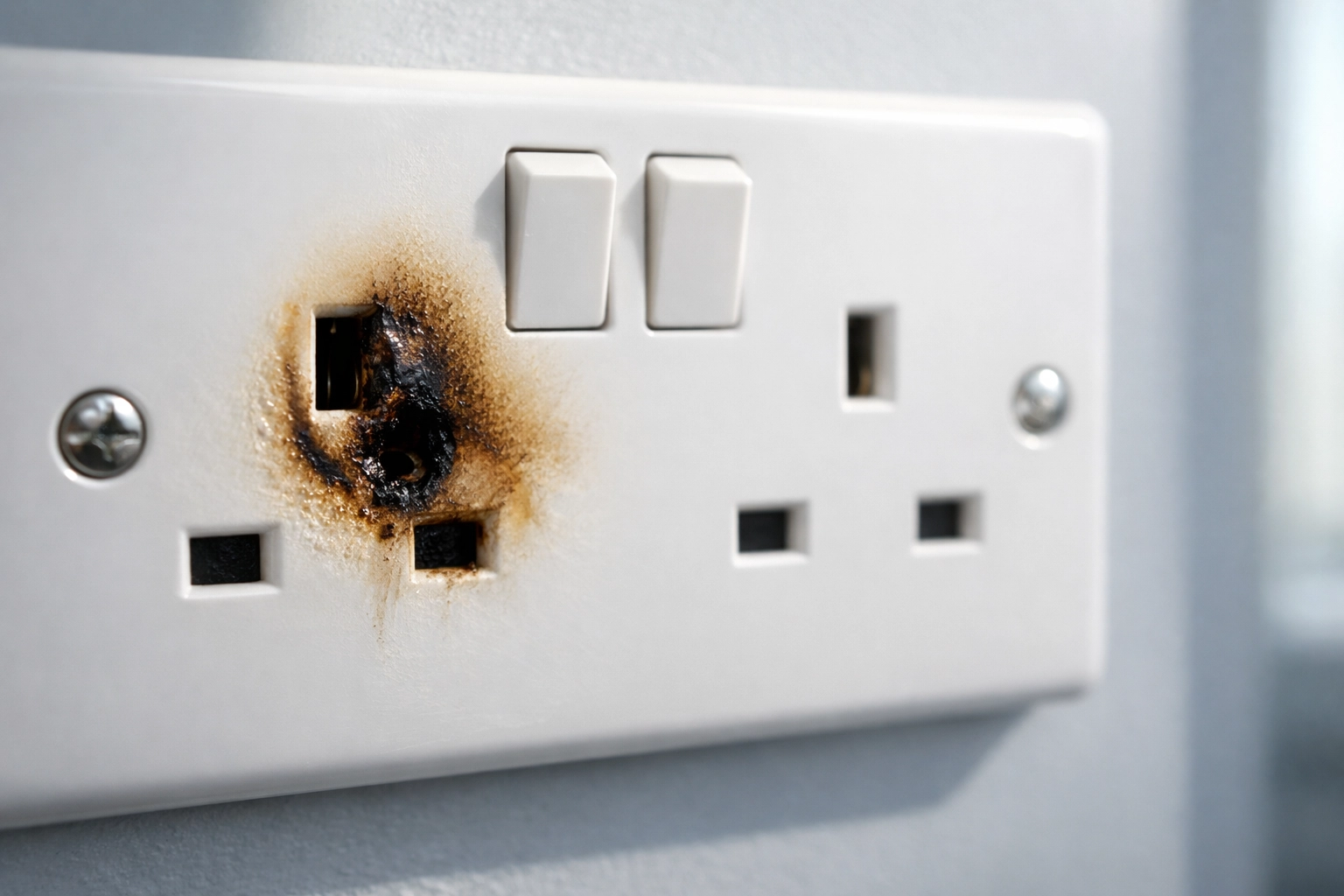 A damaged UK double wall socket with brown scorch marks requiring an electrical safety inspection in Poole.