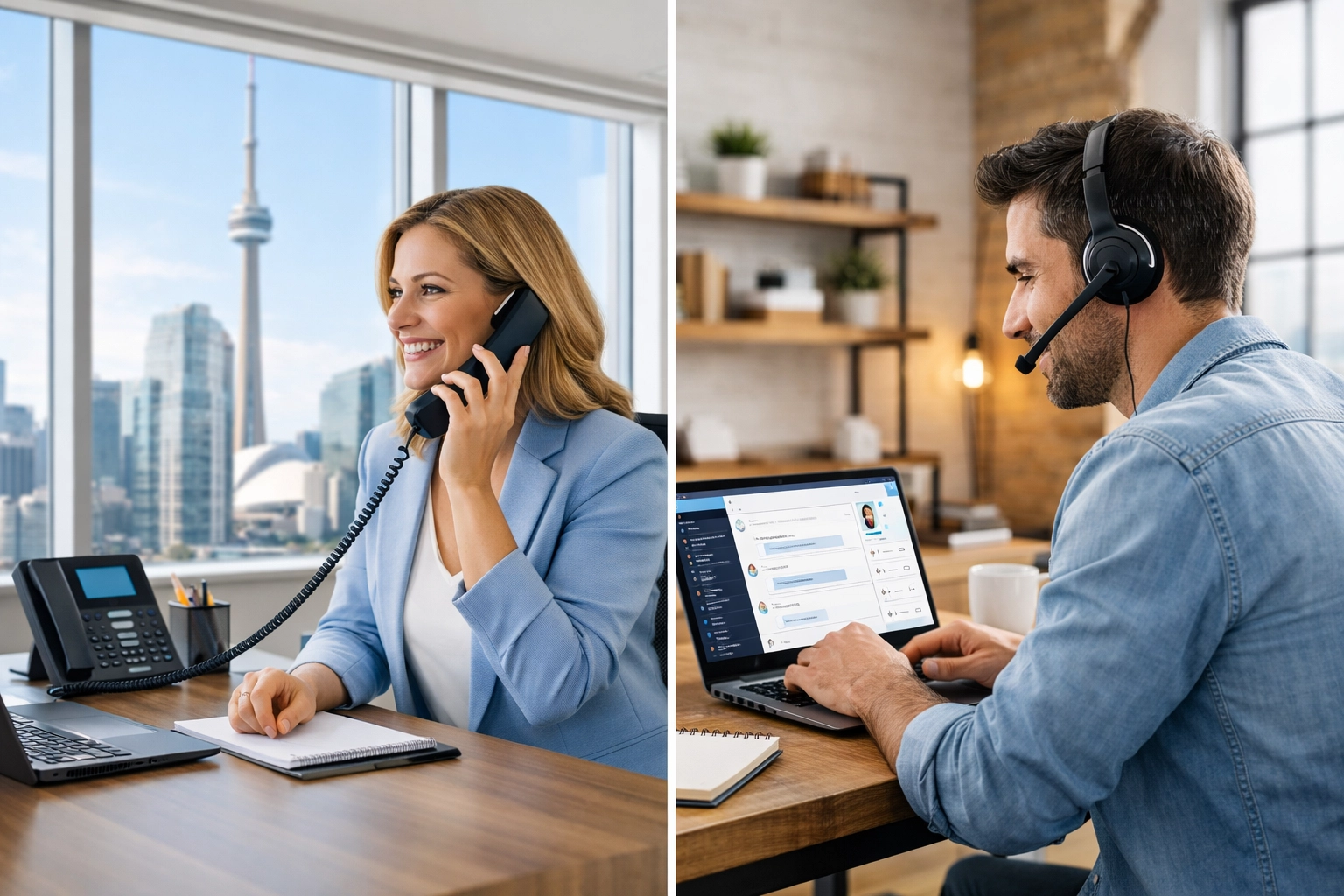 Professional office and remote workers using flexible business phone systems in a modern Canadian workspace.