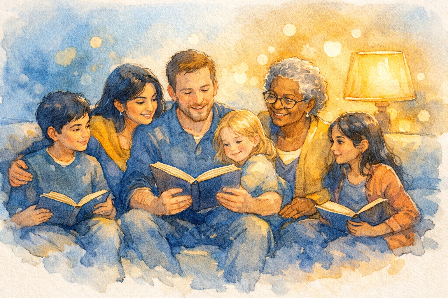 Multigenerational family gathered on couch reading books together during unplugged evening