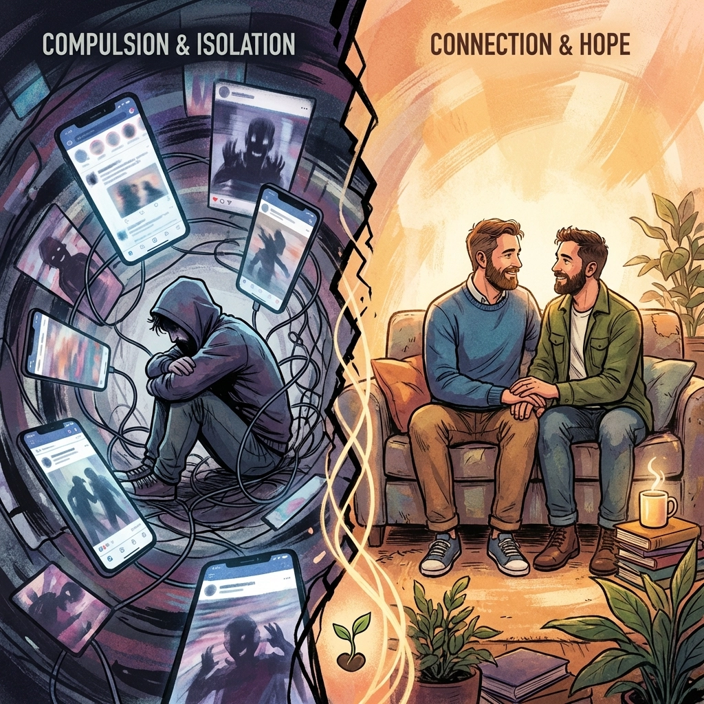 LGBTQ+ relationship journey from addiction and isolation to connection and recovery