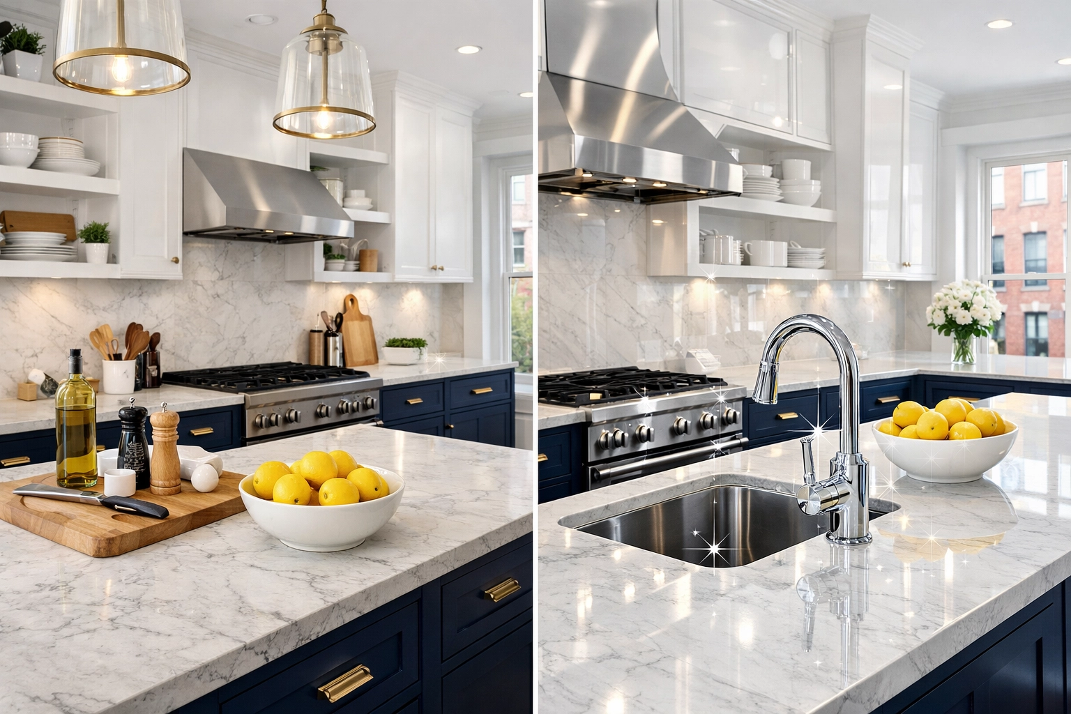 Deep cleaning services near me showing a sparkling marble kitchen in a Boston home.