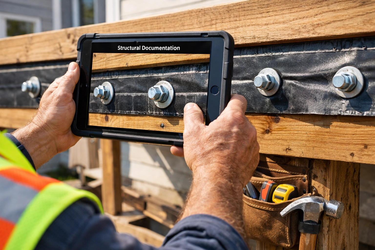 A contractor documenting structural deck attachments to mitigate liability and ensure safety compliance.