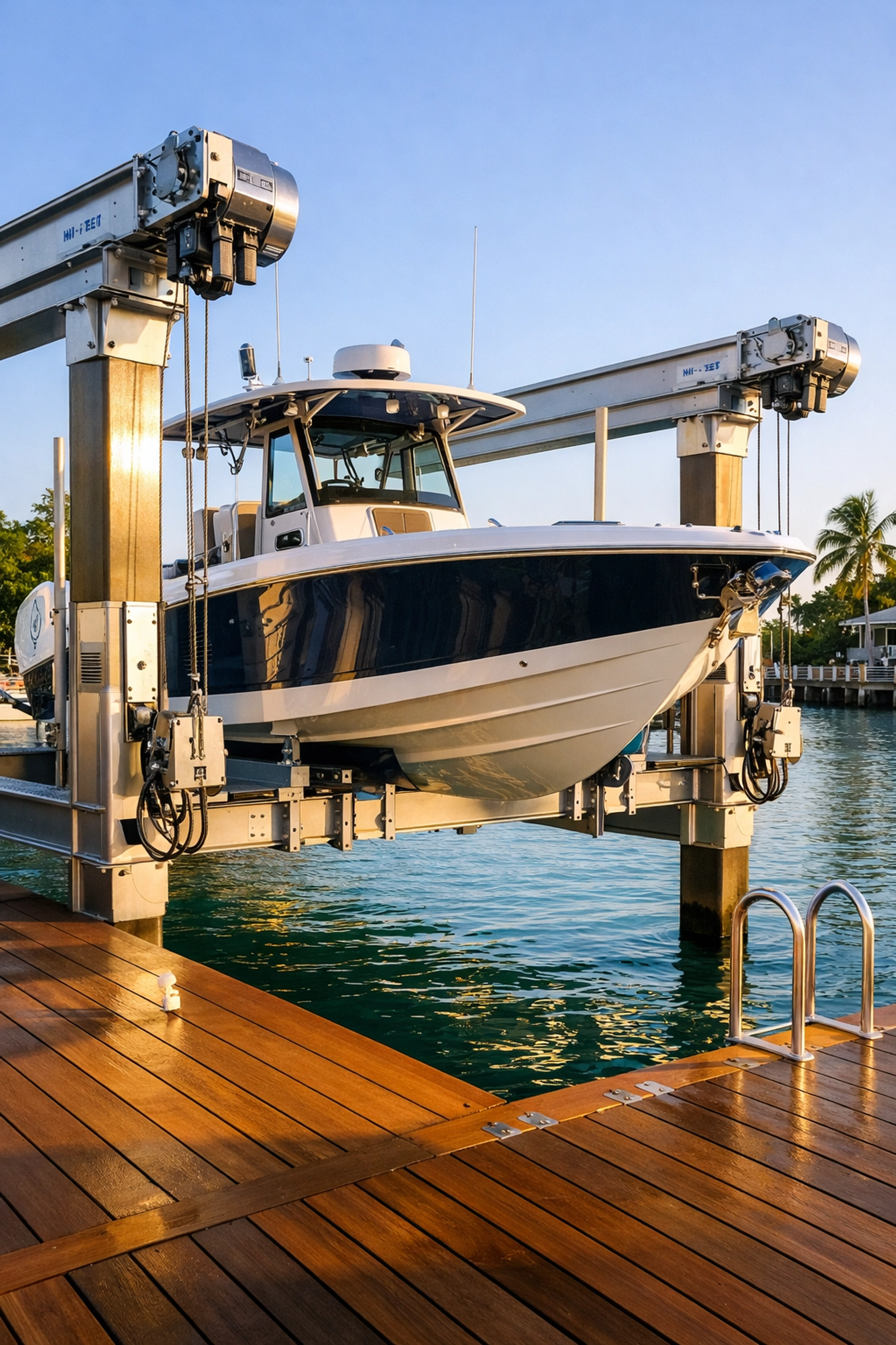 Modern boat lift and private dock at a SWFL waterfront home in a saltwater canal.