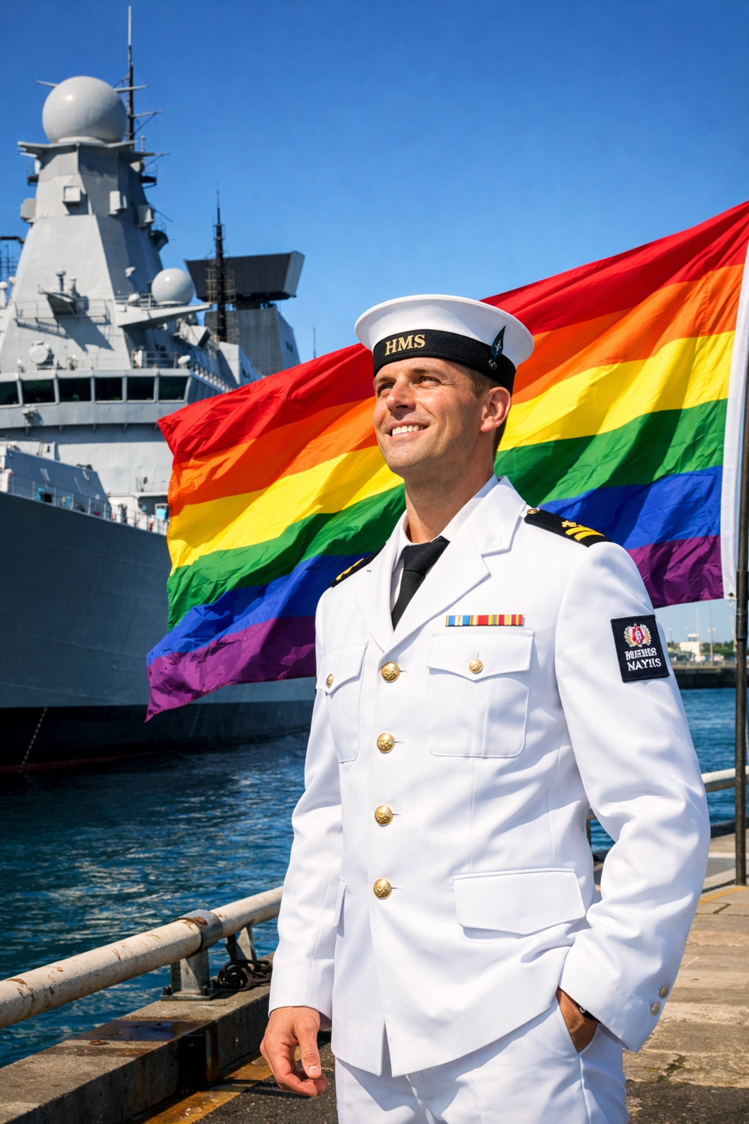 Modern Royal Navy sailor in dress uniform standing with a Pride flag, symbolizing LGBTQ+ inclusion in the service.