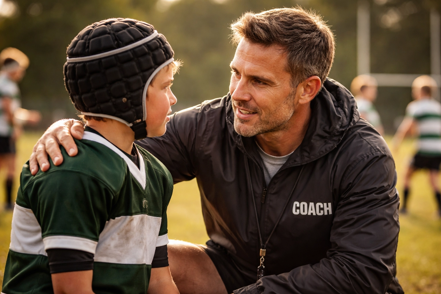 Rugby coach and young player connect on the sideline, illustrating mentorship and positive coaching