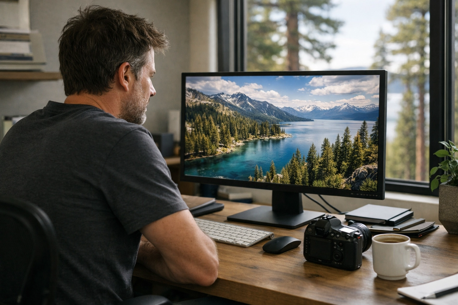 Photographer in a Lake Tahoe studio editing professional landscape photos using a high-efficiency AI workflow.
