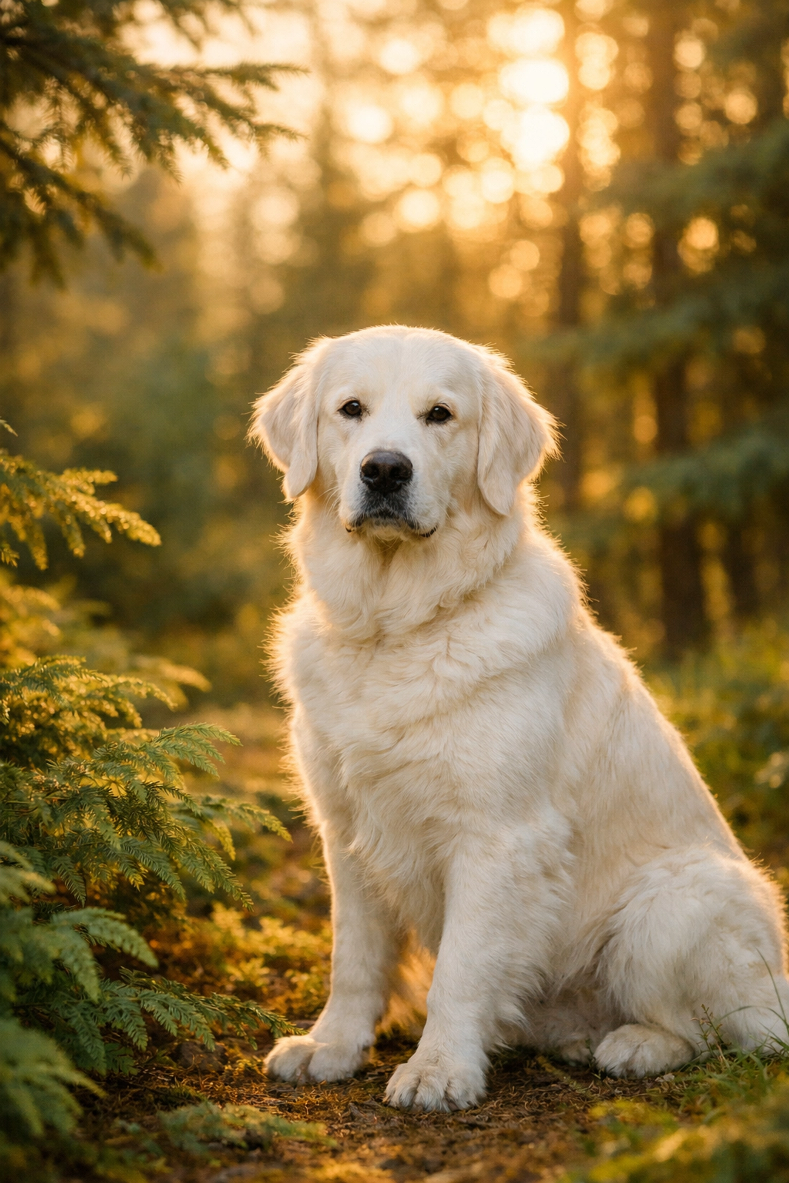 English Cream Golden Retriever with calm temperament in natural Oregon forest setting