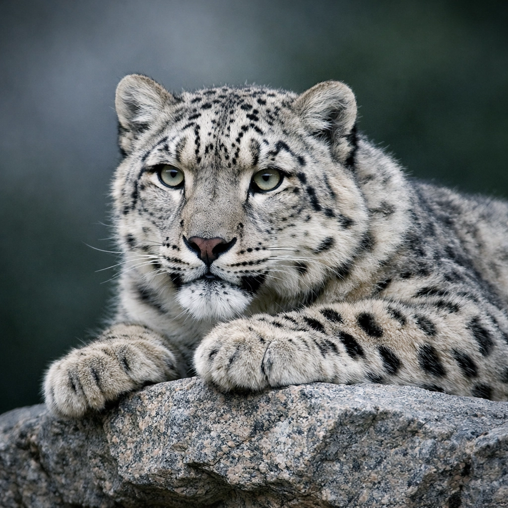 Professional portrait of a snow leopard on rocks with a clean, fence-free background.