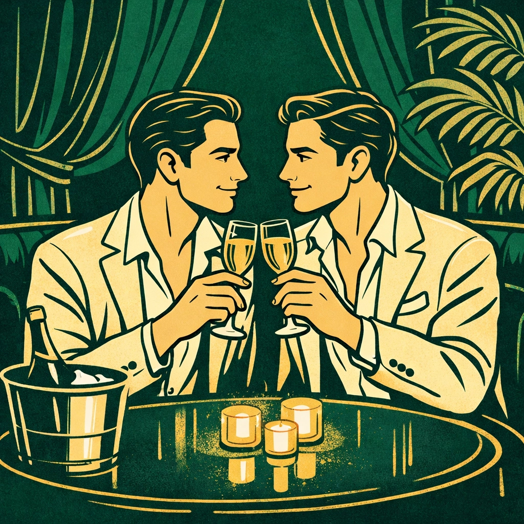 Two men in 1950s Miami sharing champagne toast at elegant hidden gay bar