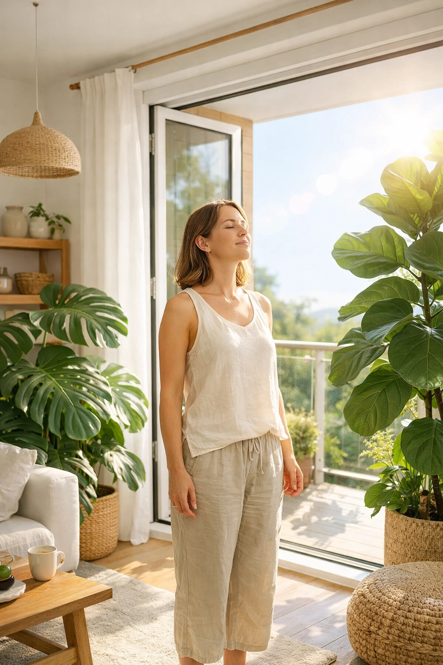 A woman enjoying fresh, toxin-free air in a bright, plant-filled low-tox home environment.