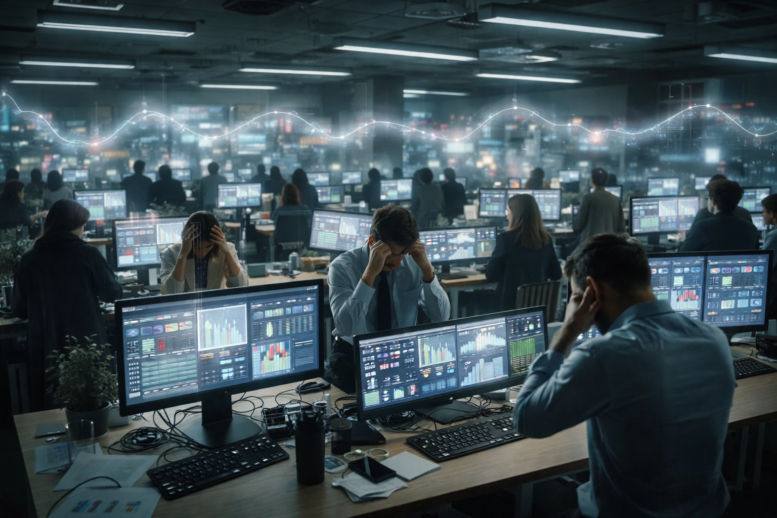 Fatigued employees in an open office surrounded by cluttered AI dashboards and sensory noise