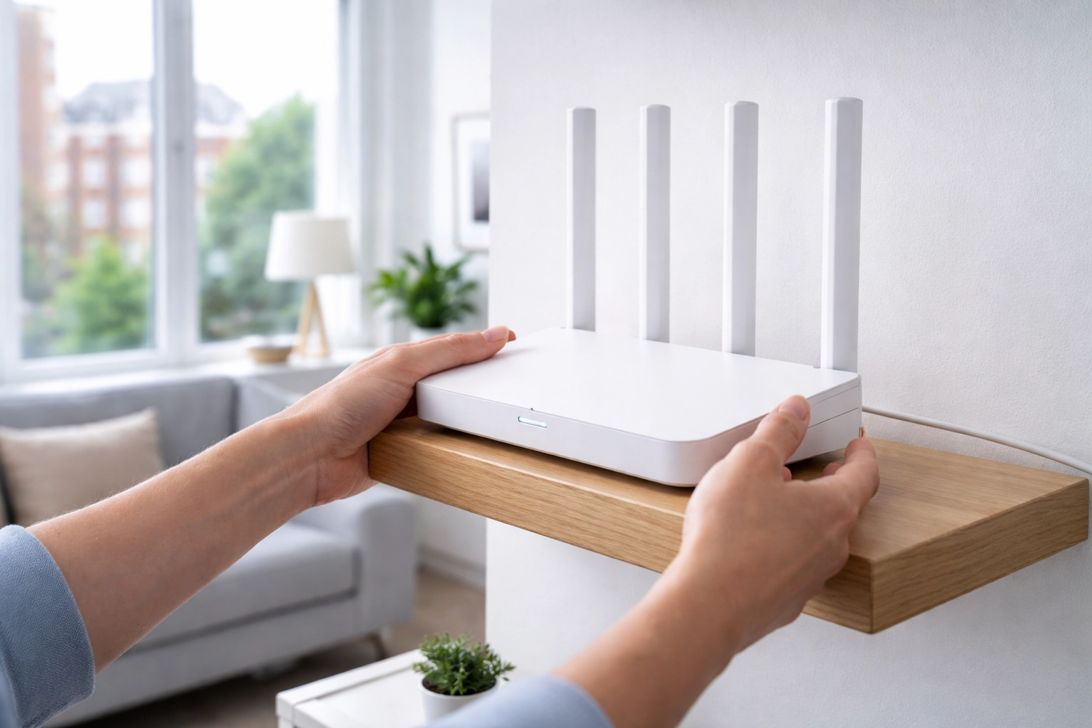 Hands placing a WiFi router on a floating shelf in a minimalist London apartment, demonstrating simple steps to improve home WiFi coverage.