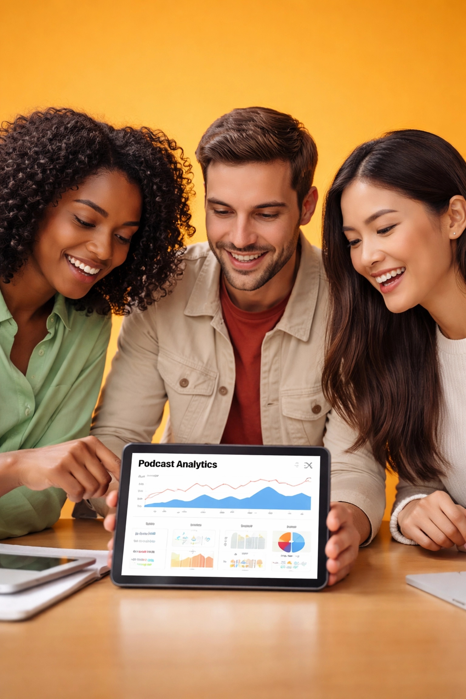 Three professionals review podcast analytics together, highlighting collaboration in podcast strategy.