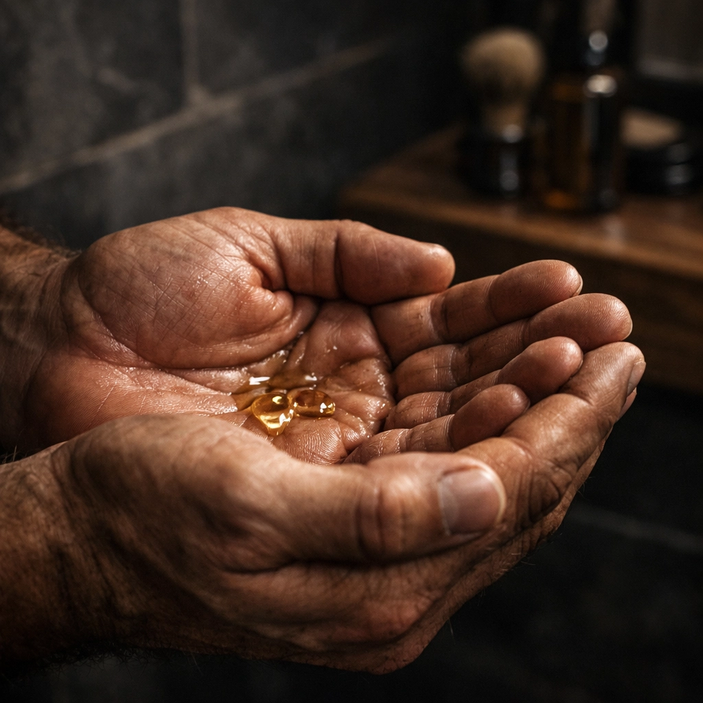 A man’s hands holding drops of beard oil for a daily grooming and application ritual.