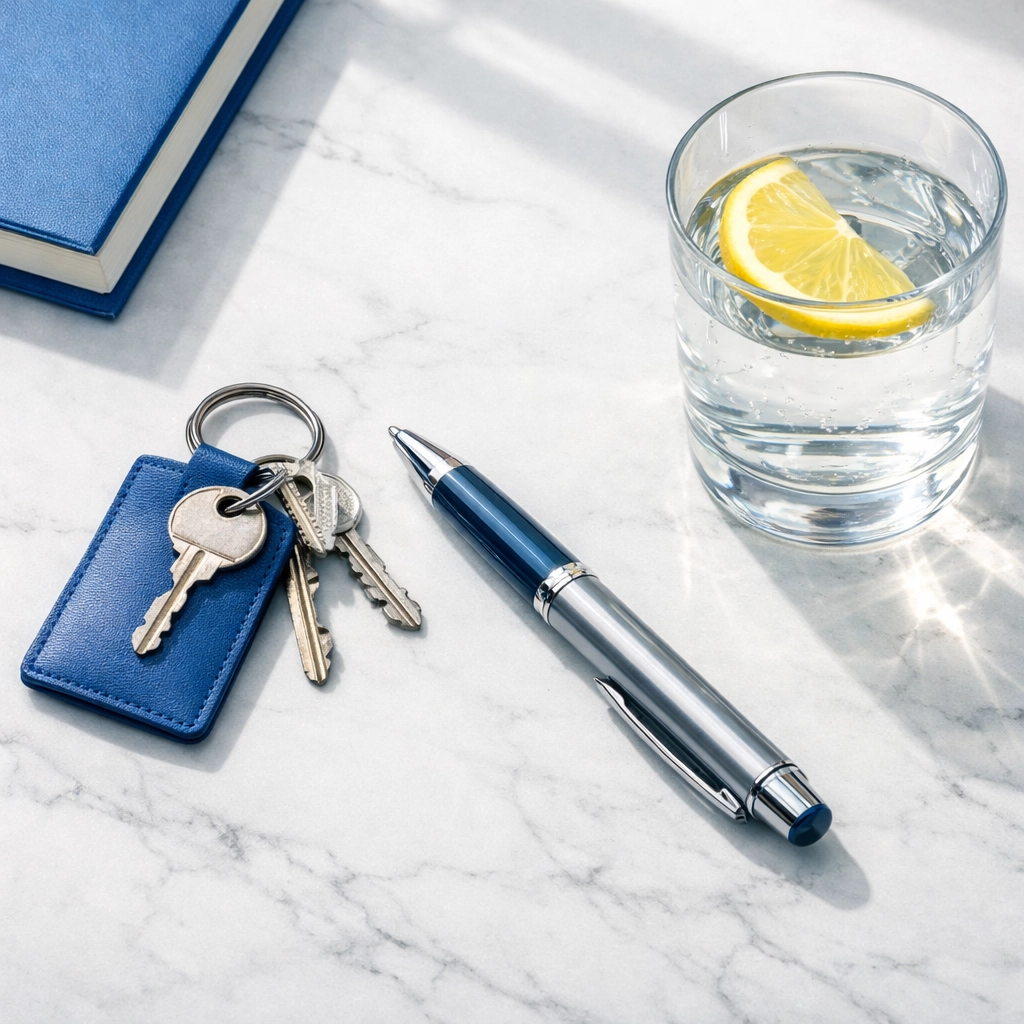 Keys and a professional signature pen on a desk, symbolizing a secure closing when selling a pool route.