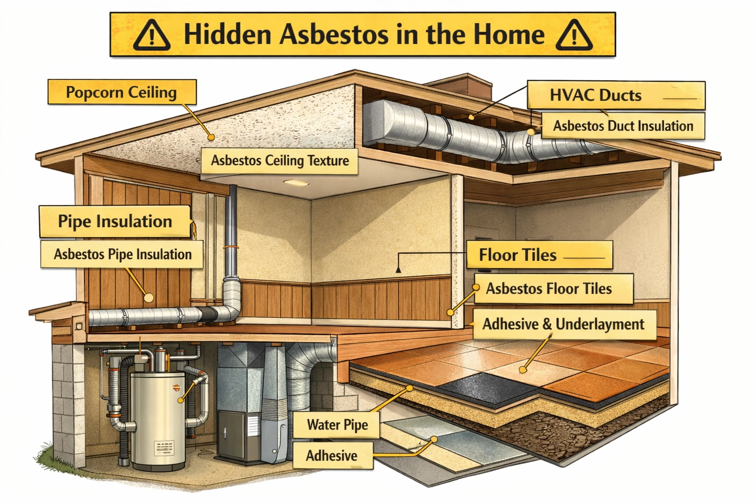 Common hidden asbestos locations in homes including pipes, floors, and ceilings