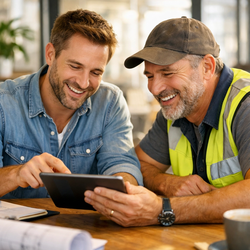 Construction business owner and web design expert collaborating on a custom site strategy for personal service.