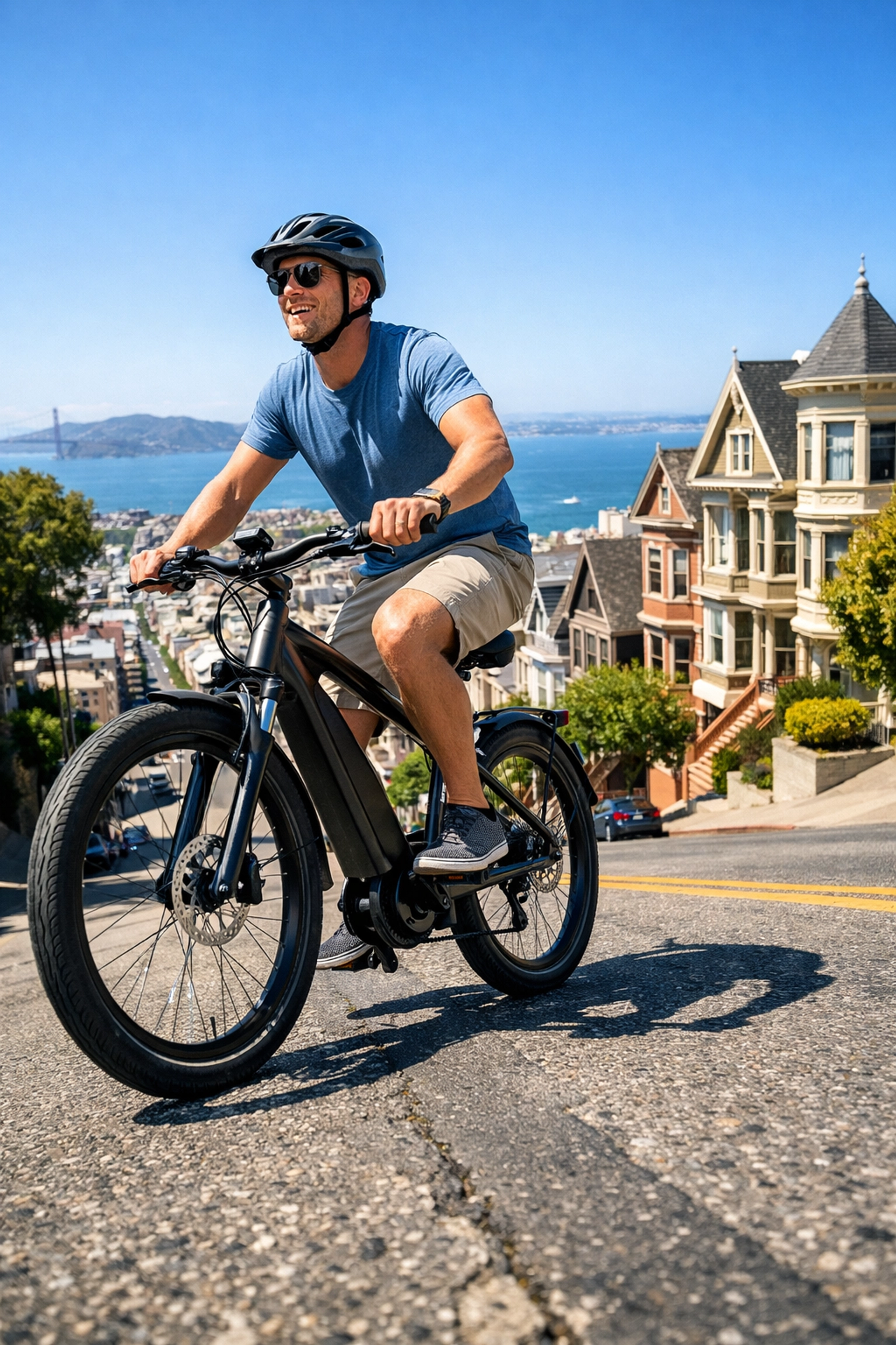 A cyclist effortlessly riding a premium electric bike up a steep san francisco hill with a view of the bay.