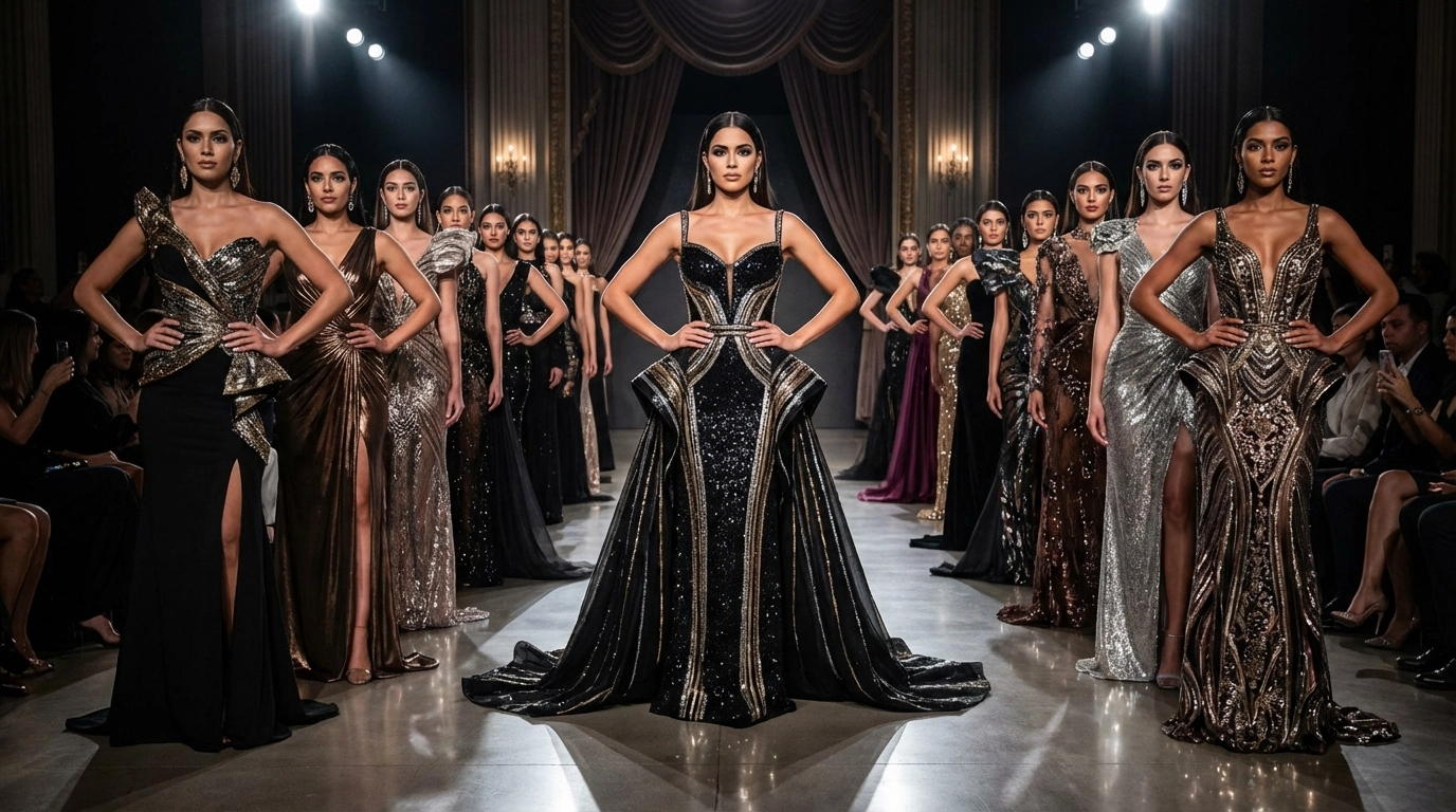 Latina models in haute couture pose on the runway during the international couture finale at DC Fashion Week, radiating elegance and diversity.
