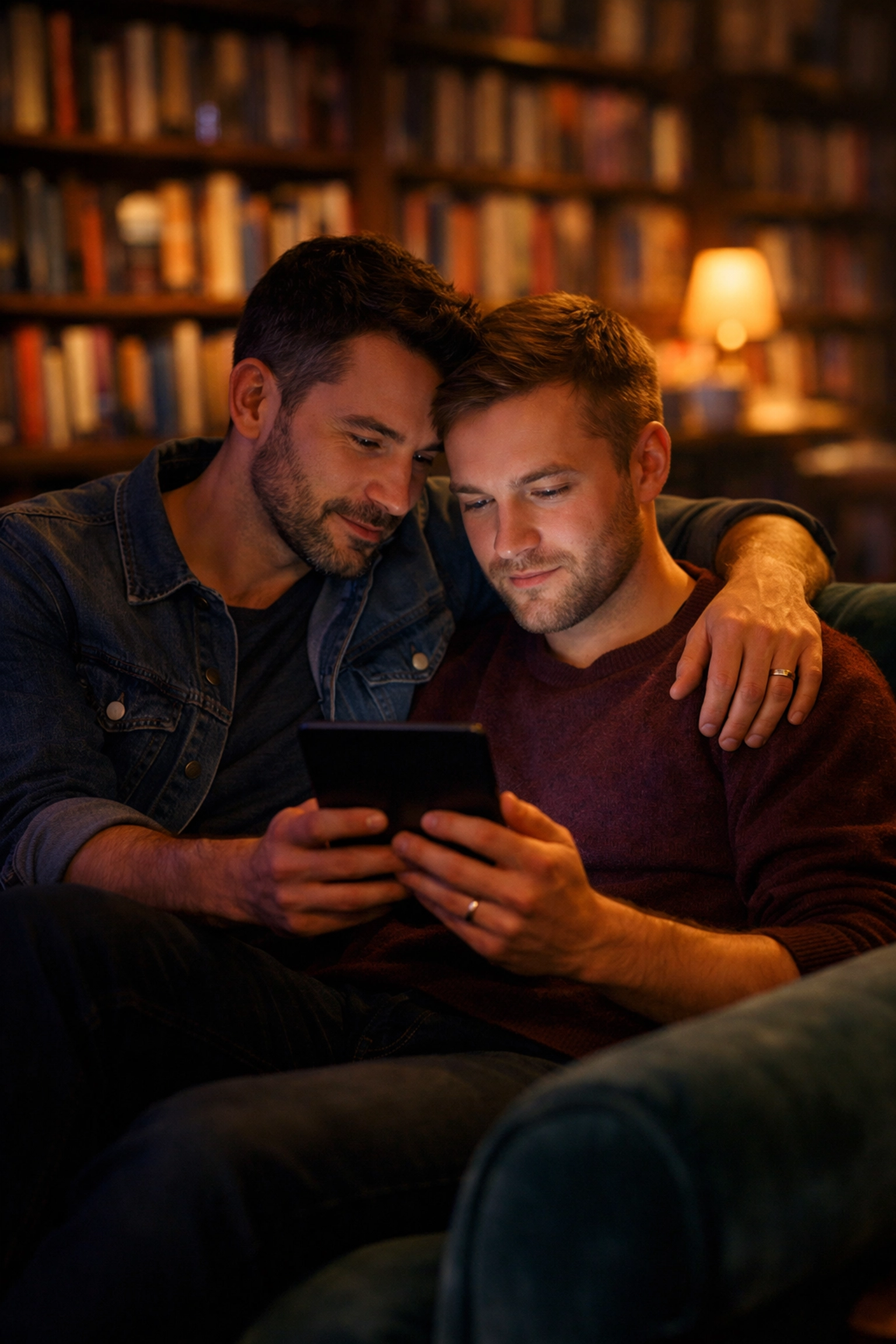 Two men reading a gay romance ebook together in a cozy indie bookstore.