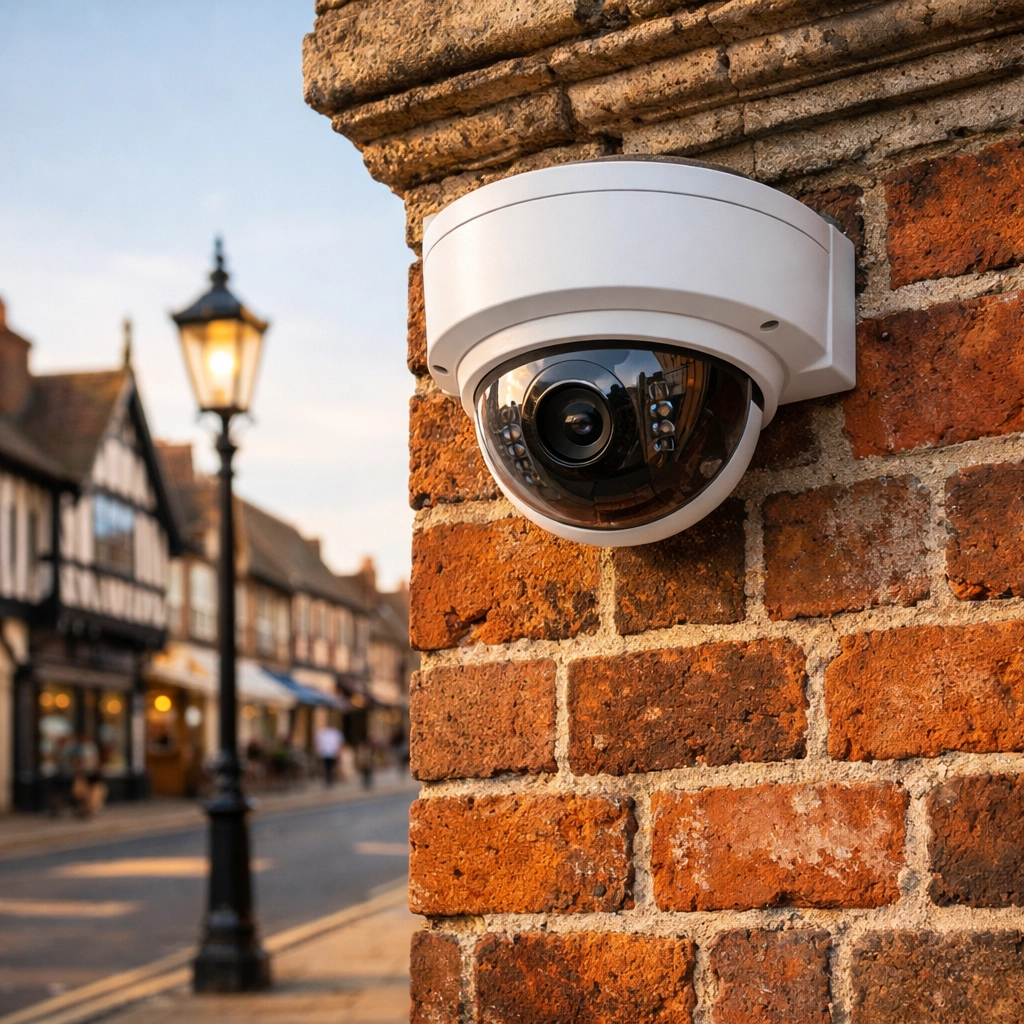 Discreet dome CCTV camera installation on a historic red-brick building in Marlborough town centre.
