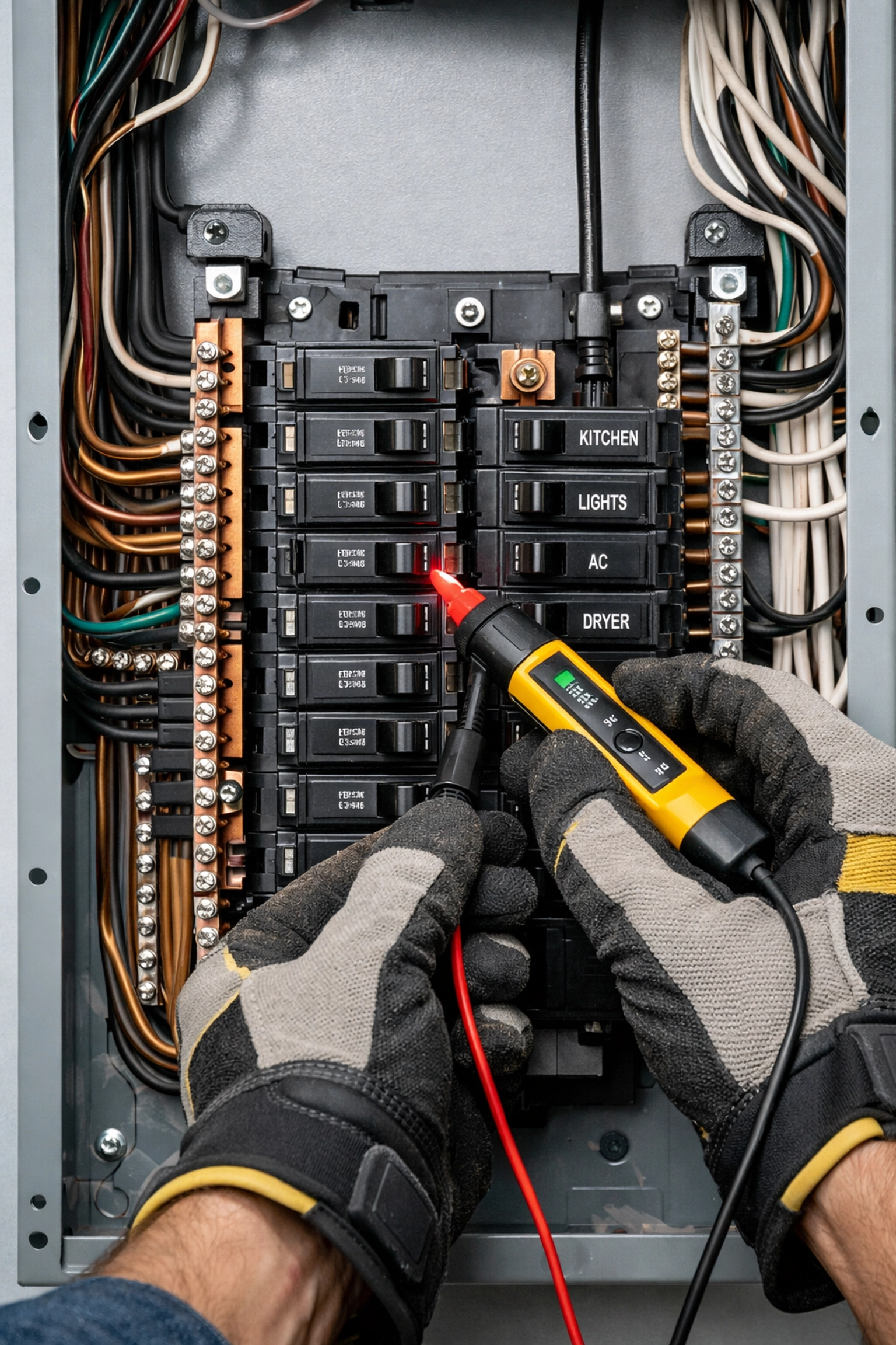 Licensed electrician testing electrical panel circuit breakers with voltage meter for safety compliance