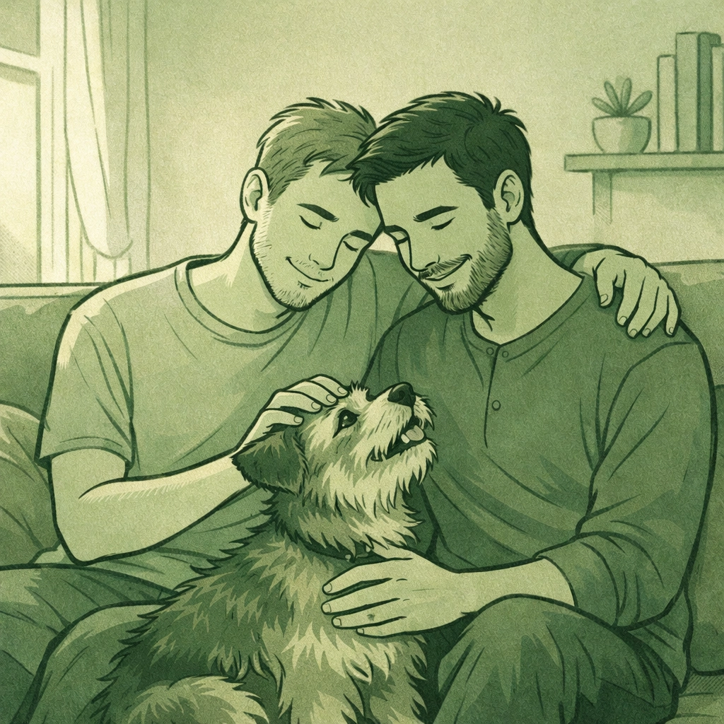 Gay couple finding comfort with their foster terrier dog on couch during emotional healing