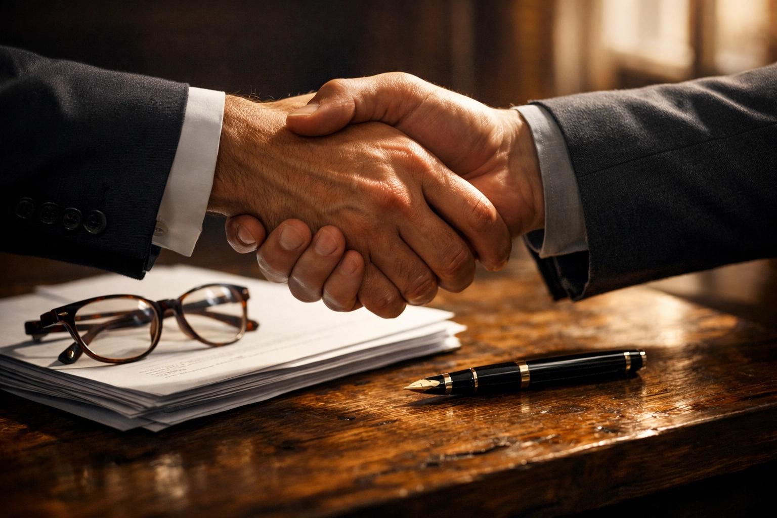 Professional handshake over a signed building contract and JCT documents on an oak desk.