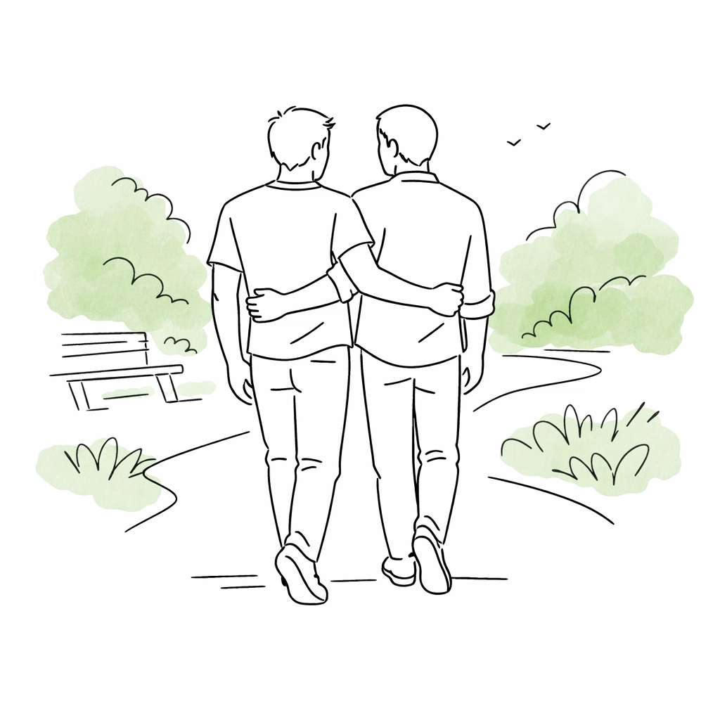 Supportive gay couple walking in a park, showing solidarity and asexual relationship allyship.