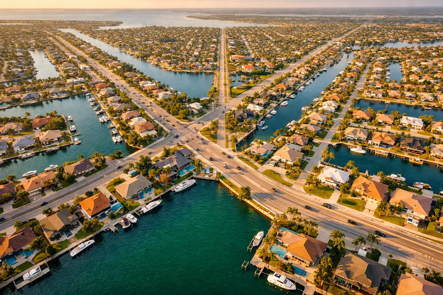 Aerial view of Cape Coral quadrants showing canal grid system and waterways