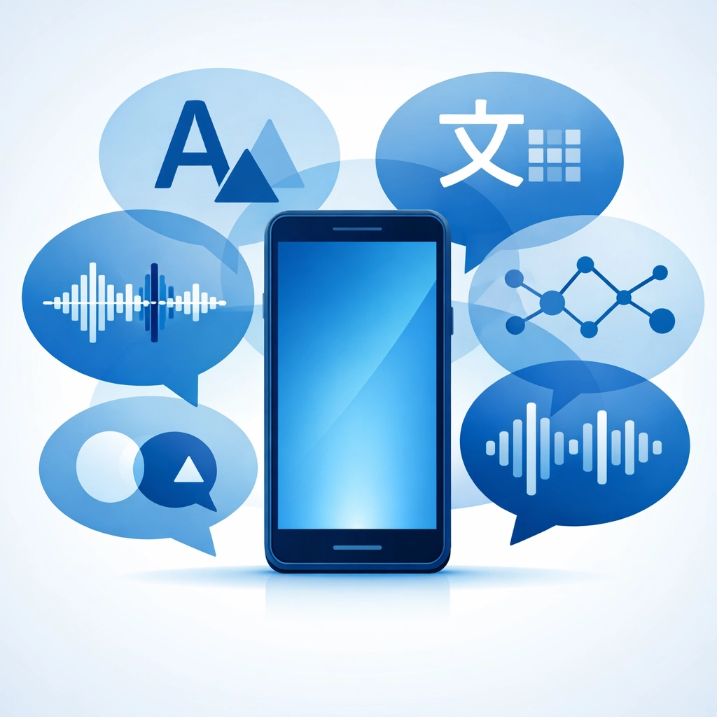 Smartphone with speech bubbles representing website language settings and voice synthesis for global users.